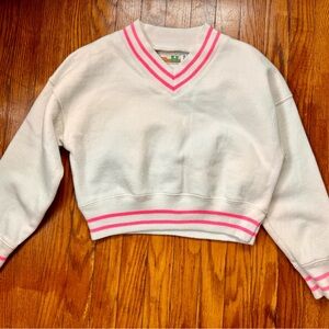 Vintage Havana White and Pink V-Neck Cropped Sweatshirt